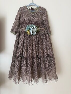 Girls' Taupe Lace Formal Dress with Floral Waist Accent NWT